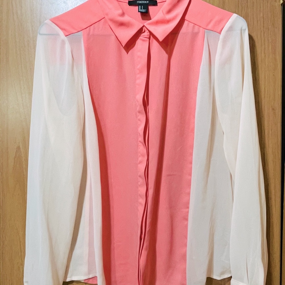 Cute pink color block button down chiffon shirt